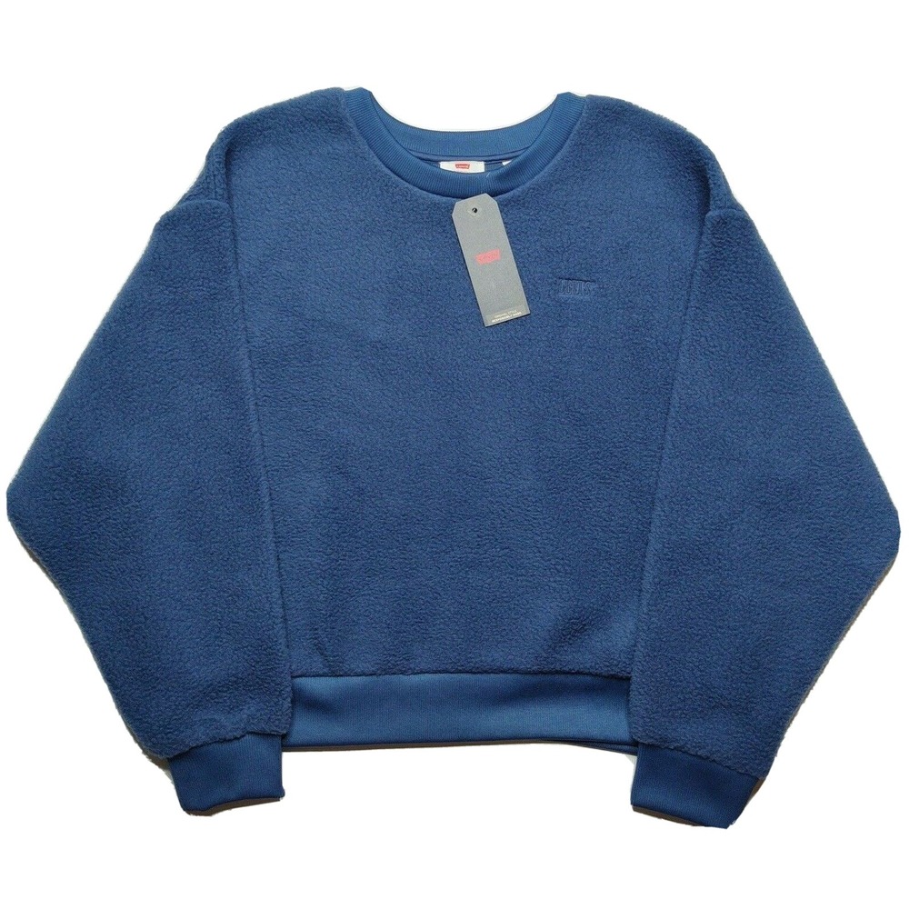 LEVIS Meadow Fleece Women XL Blue Sherpa Faux Fur Cropped Sweatshirt NEW